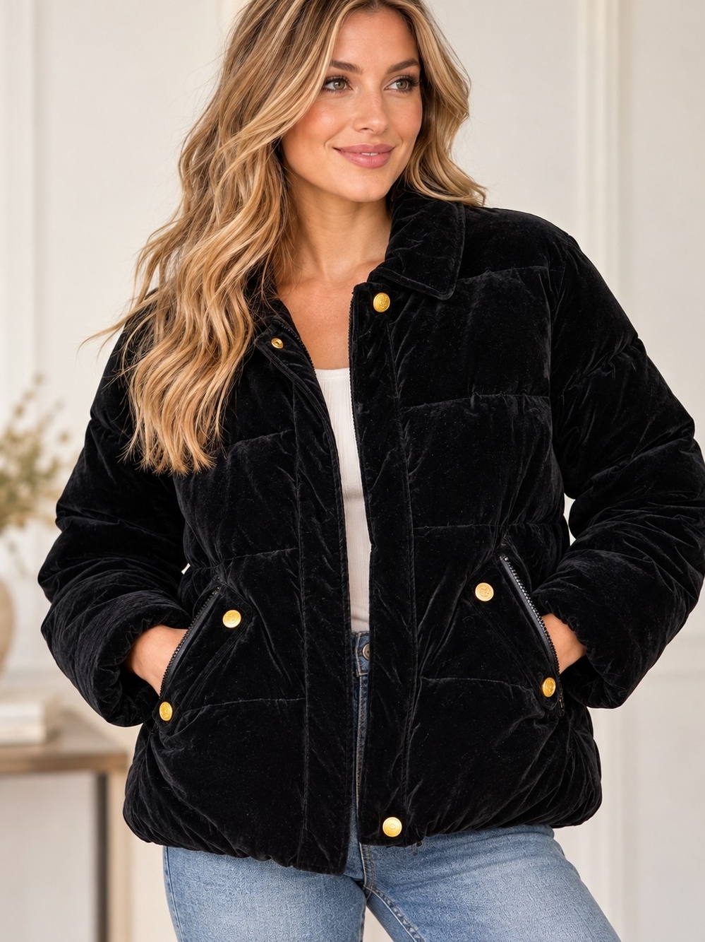 Jones New York Women's M Black Velvet Puffer Jacket Gold Buttons Zip Pockets